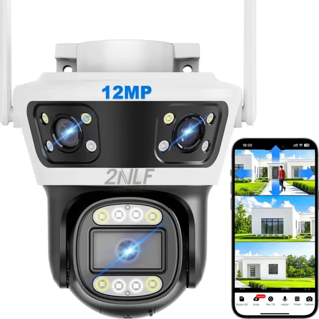 2nlf 12mp Câmera De Segurança Externa Wifi Com 3 Lentes, 3 Telas E Zoom Digital 10x, IPC360 Home APP