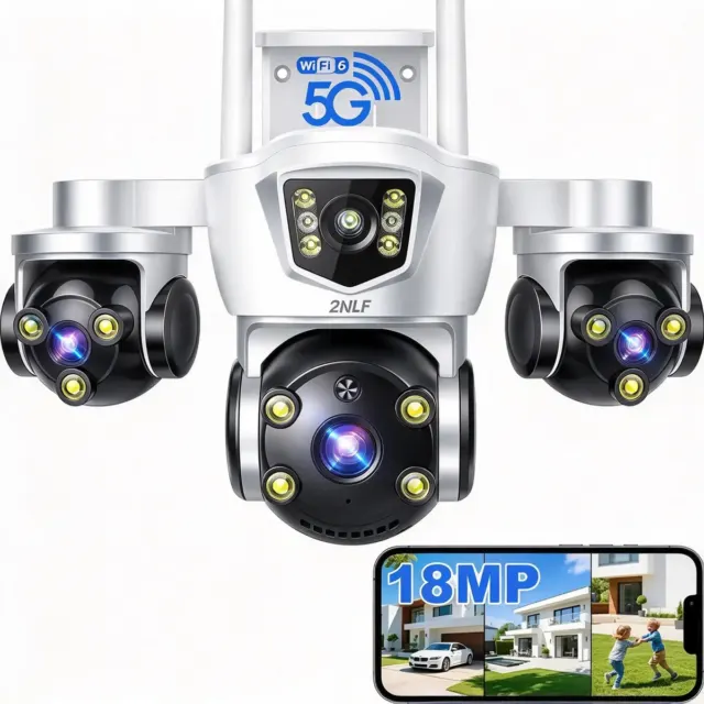 2NLF Câmera Segurança Externa WiFi 5G/2.4G PTZ 360° 18MP Três Lentes Três Telas IP66 À Prova D'água Visão Noturna Colorida Áudio Bidirecional Detecção de Movimento