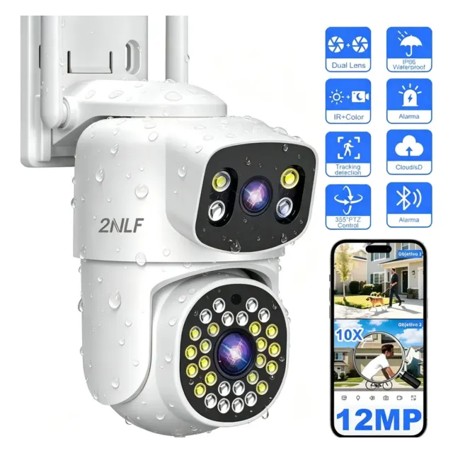 2nlf Wifi Câmeras De Segurança Visión Nocturna 360° Ip66 Audio Bidireccional 12mp 2 Lentes 2 Telas
