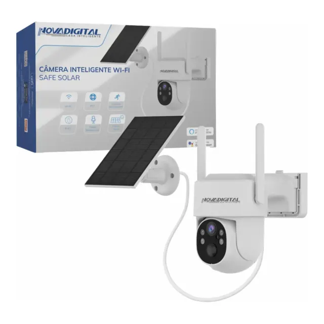 Câmera Segurança Wifi Solar Externa Inteligente NovaDigital CS-SAFE Bateria Painel Solar 4MP Visão Noturna Alexa Google IP65 Branca