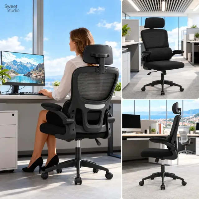 Cadeira Sweet Studio Escritório Ergonômica Giratória Preto Com Apoio Lombar e Apoio de cabeça