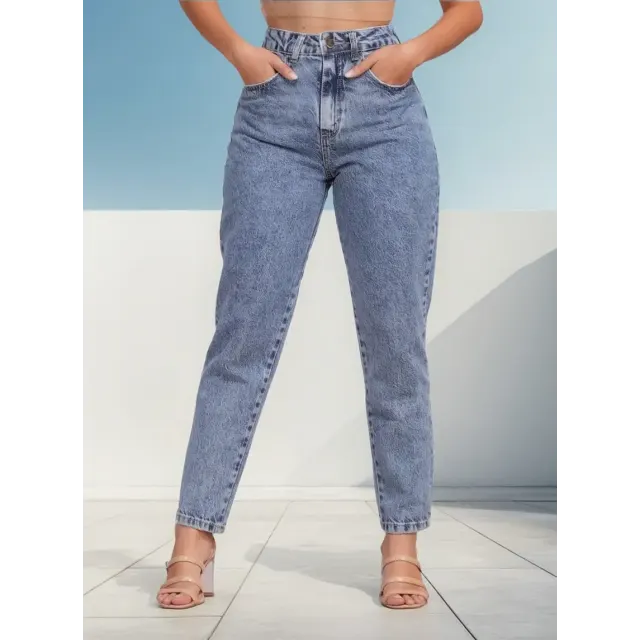 Calça Mom Jeans Feminina Cintura Alta Marmorizada