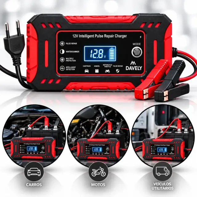 Carregador de Bateria 12V 6A Bivolt Inteligente Carro Moto Caminhão Automotivo 4Ah a 100Ah Com Função Reparo Display Digital Proteção Carga Emergencia Portátil Resistente Eficiente Multifuncional