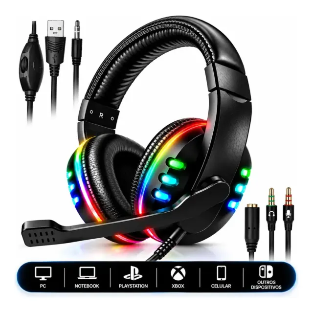 Fone De Ouvido Gamer Headset RGB Led Com Microfone Headphone P2 P/ PC PS3 PS4 PS5 Xbox Celular Notebook Surround 5.1 Com Adaptador Landara