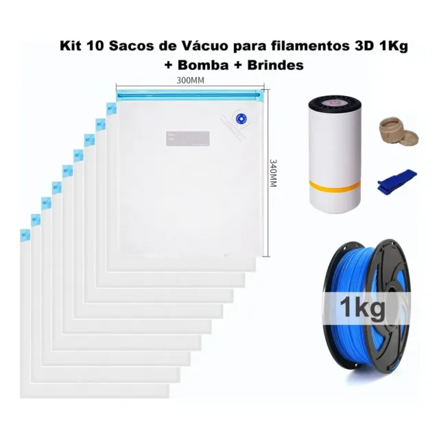 Kit 10 Sacos A Vácuo Filamento 3d + Bomba + Potes Com Silica