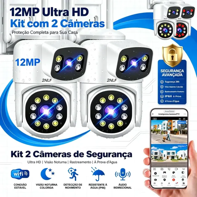Kit 2 Câmeras de Segurança Full HD Dupla Lente Wi-Fi com Visão Noturna Colorida Sensor Movimento 12MP