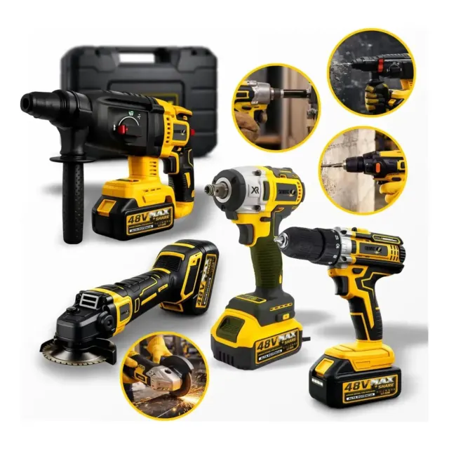 Kit Multi Ferramentas 4 Em 1 48v Sem Fio Com 2 Baterias Furadeira Parafusadeira Martelete Esmerilhadeira Chave De Impacto Com Maleta Alta Potência Uso Profissional E Doméstico Simake