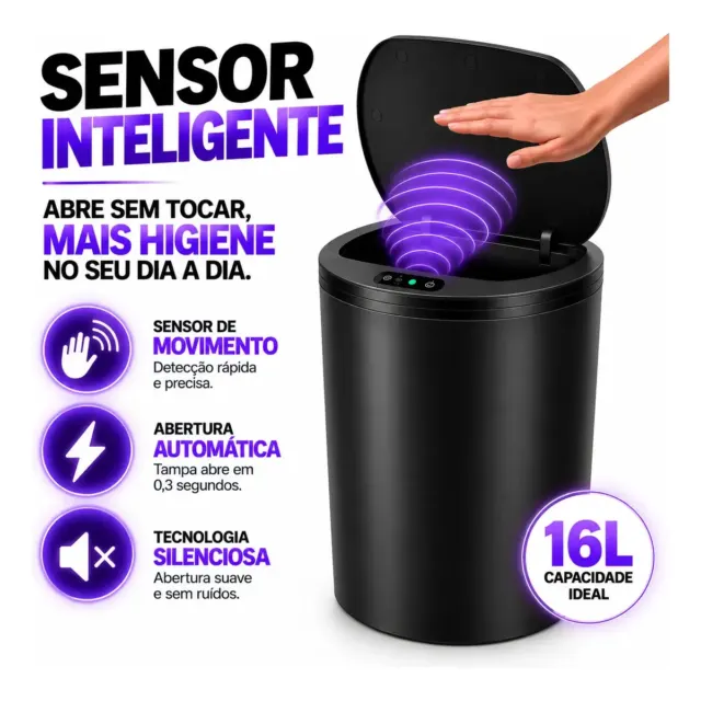 Lixeira Inteligente Automática Redonda Recarregável USB‐C Sensor para Cozinha Banheiro Escritório