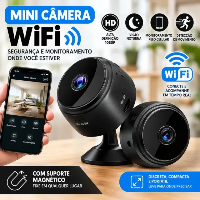 Mini Câmera de Monitoramento e Espiã A9 Wi-Fi Full HD 1080p Com Visão 150° Micro SD