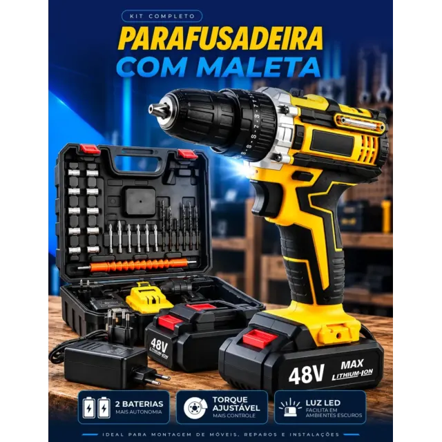 Parafusadeira Furadeira C/ 2 Baterias Maleta Kit Completo Led Eixo Flexível Vários Níveis Torque Simake