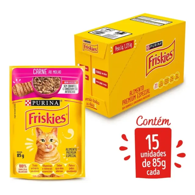 Ração Úmida Sachê Friskies Gato Adulto Carne ao Molho 85g kit c/ 15un
