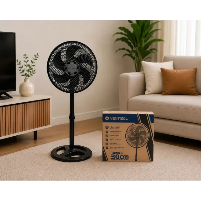 Ventilador Oscilante De Coluna Ventisol 30cm Turbo 6 Pás Preto